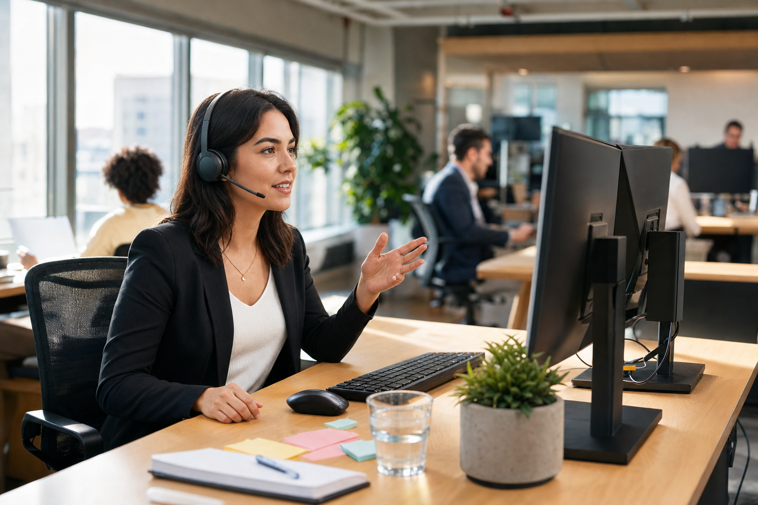 Ein Vertriebsmitarbeiter mit kabellosem Headset an einem Stehpult in einem hellen, modernen Büro