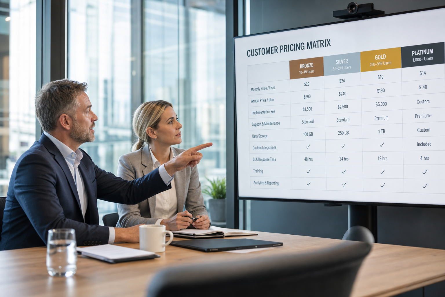 Ein Vertriebsleiter und ein Finanzmanager prüfen eine mehrstufige Kunden-Preismatrix in einem modernen Konferenzraum