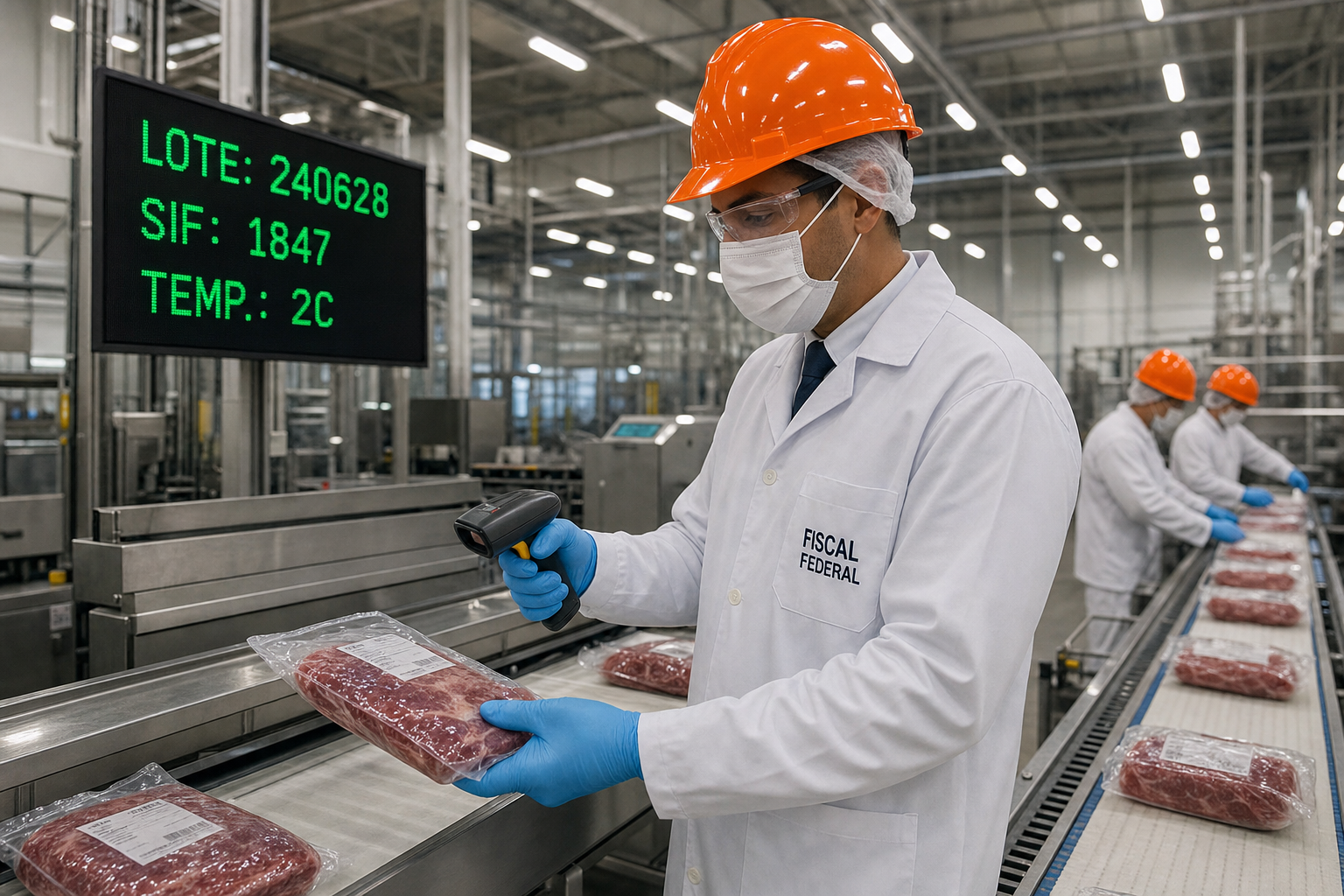 Ein staatlicher Lebensmittelinspektor in weißem Hygienemantel und orangefarbenem Schutzhelm scannt eine vakuumversiegelte Verpackung auf einem Edelstahlförderband in einer modernen brasilianischen Lebensmittelfabrik, im Hintergrund eine Anzeigetafel zur Chargenrückverfolgung