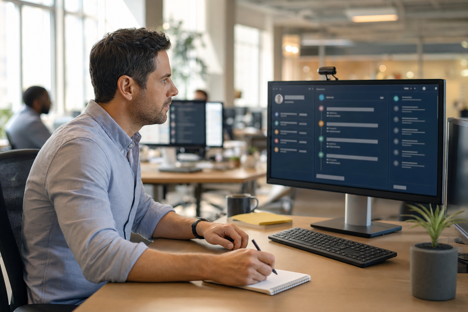Ein Vertriebsleiter prüft ein Kundenkonto auf einem großen Monitor