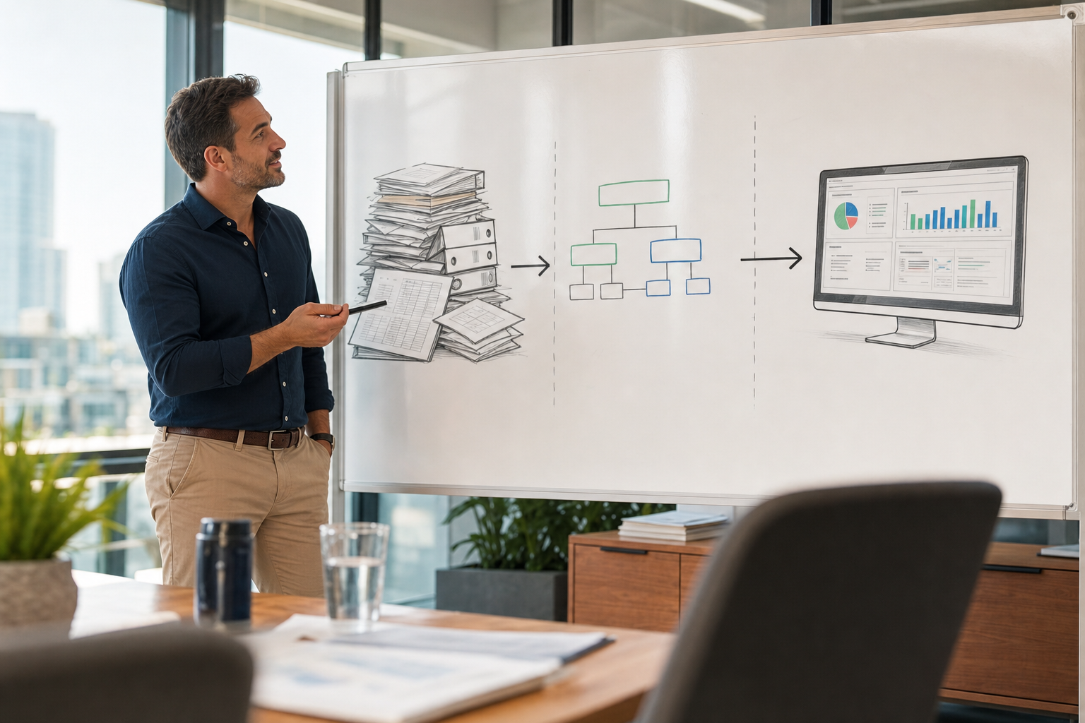 Eine Führungskraft aus dem Bereich Business Operations betrachtet ein Projektboard für eine Systemmigration in einem modernen Büro, im Hintergrund Datenvisualisierungen auf Bildschirmen