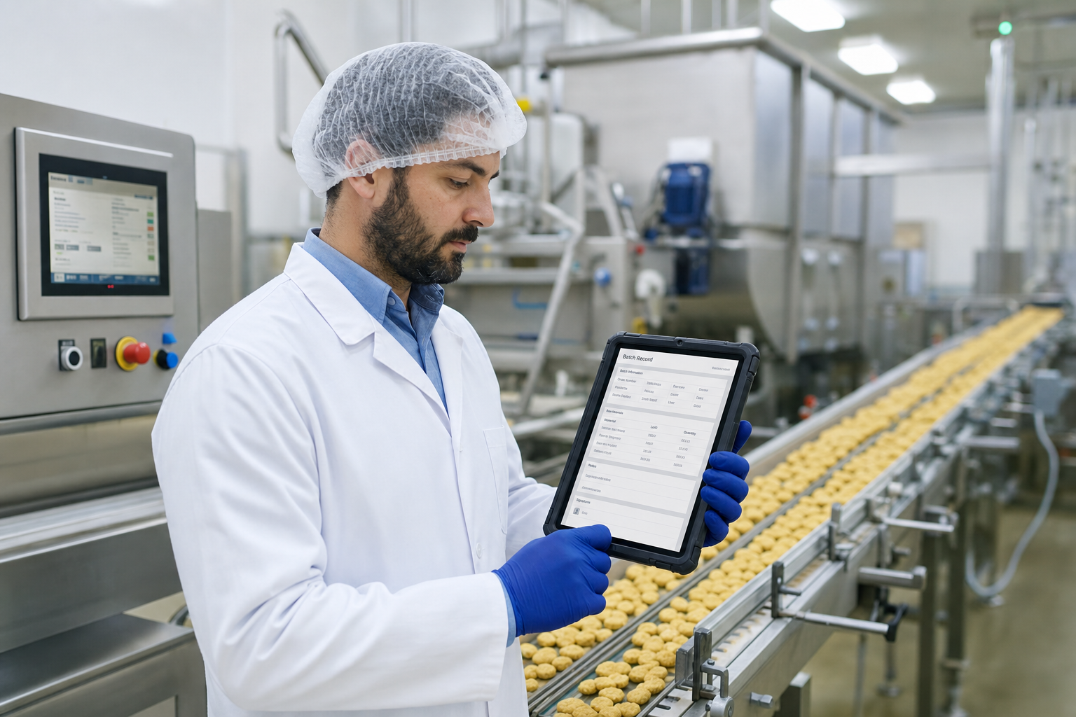 Ein Produktionsleiter in der Lebensmittelherstellung prüft ein elektronisches Chargenprotokoll auf einem Tablet an der Fertigungslinie