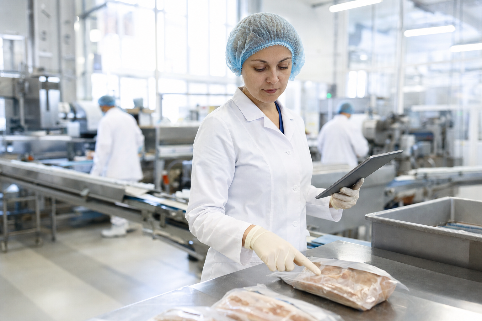 Ein Lebensmittelqualitätsprüfer im weißen Kittel untersucht Produkte an einer Produktionslinie