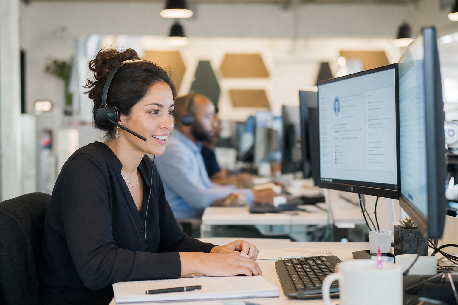 Ein Kundenservice-Mitarbeiter mit Headset an einem modernen Support-Arbeitsplatz