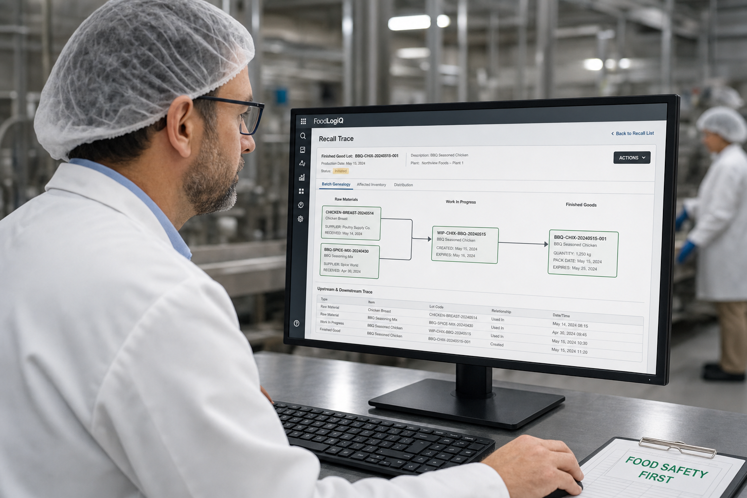 Ein Qualitätsmanager in einer Lebensmittelproduktionsstätte prüft auf einem Tablet einen digitalen Chargenbericht, im Hintergrund sind Produktionslinien und Maschinen zu sehen.