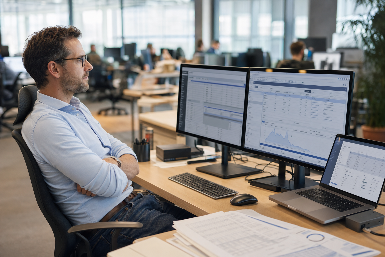 Ein Betriebsleiter mit mehreren Softwareoberflächen auf verschiedenen Bildschirmen