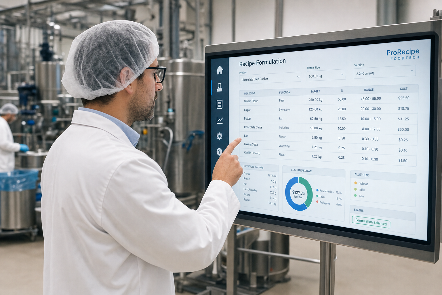 Ein Produktionsleiter in der Lebensmittelherstellung betrachtet ein digitales Rezept auf einem Tablet in einer modernen, sauberen Fabrikumgebung.